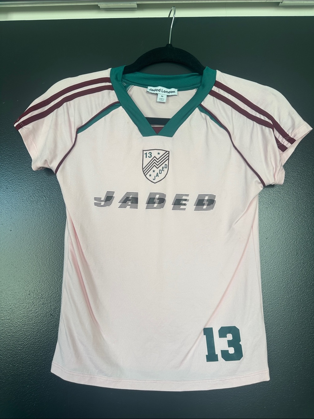 Jaded London Pink Tee with Green Neckline and Maroon Stripes